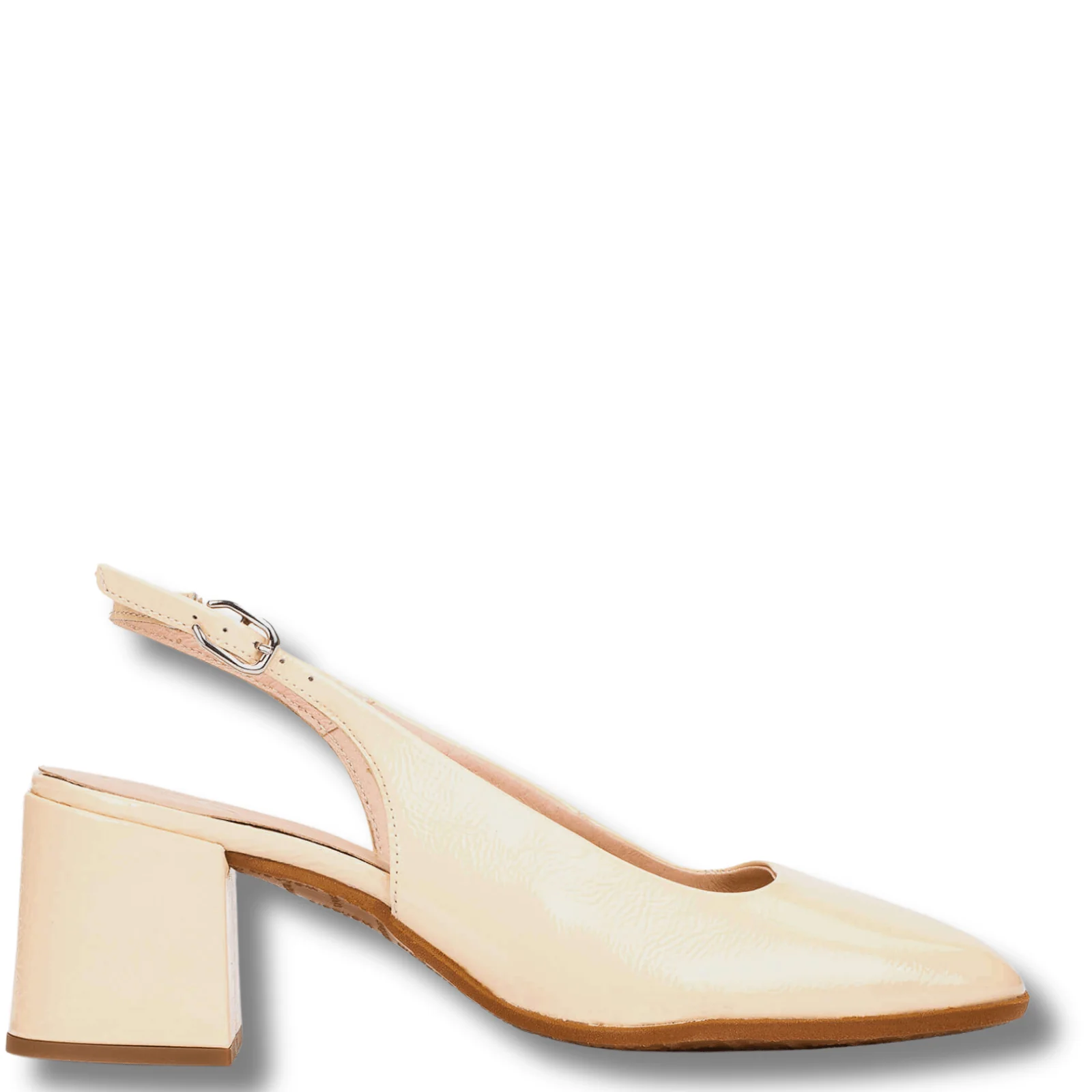 Wonders Cream Patent Square Toe Sling Back Block Heel Shoes