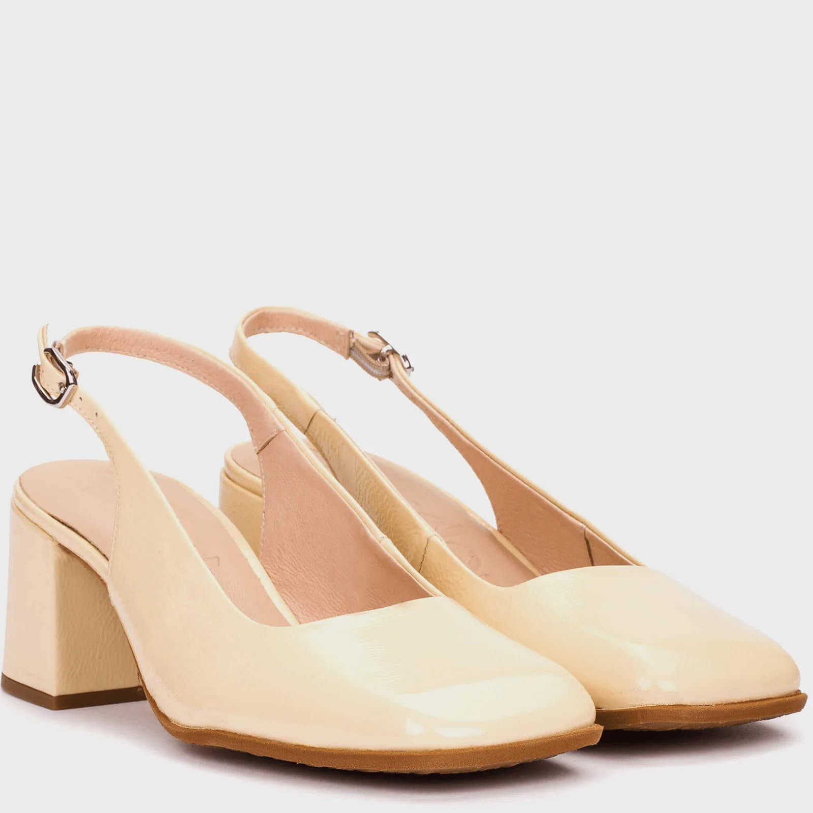 Wonders Cream Patent Square Toe Sling Back Block Heel Shoes - Image 2