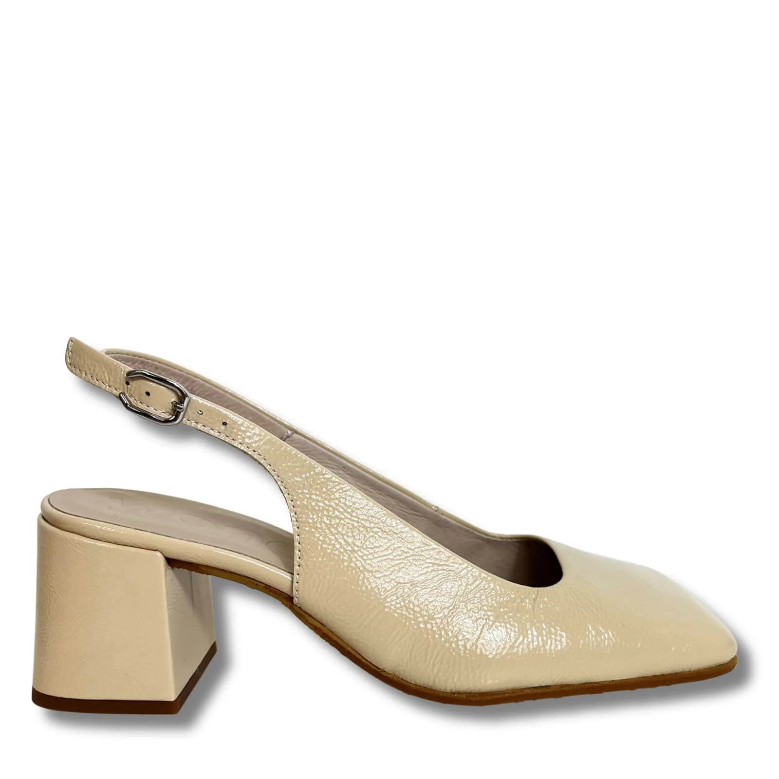 Wonders Cream Patent Square Toe Sling Back Block Heel Shoes - Image 3