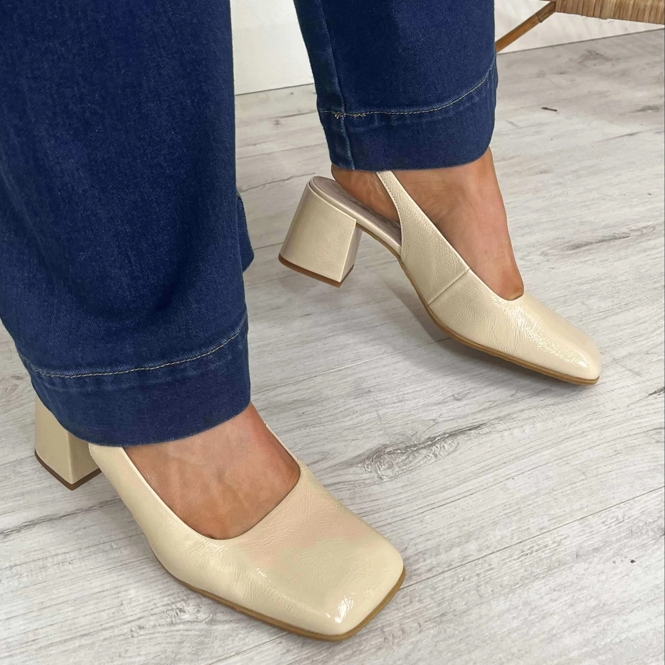 Wonders Cream Patent Square Toe Sling Back Block Heel Shoes - Image 6