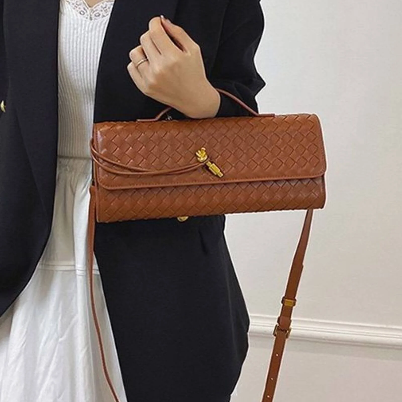 Woven Clutch Bag With Gold Hardware - Brown - Image 2