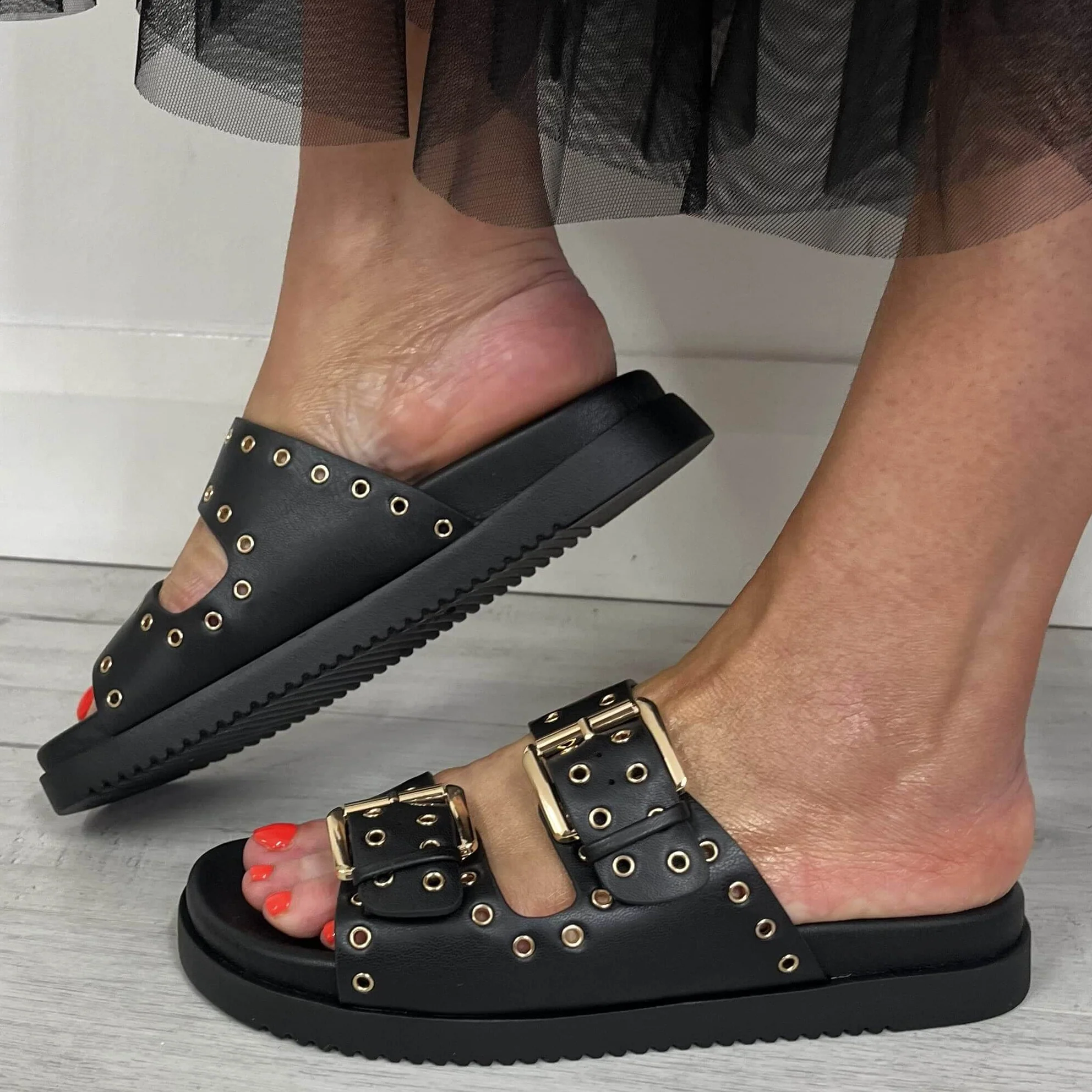 XTI Black Double Strap Flat Mules - Image 5