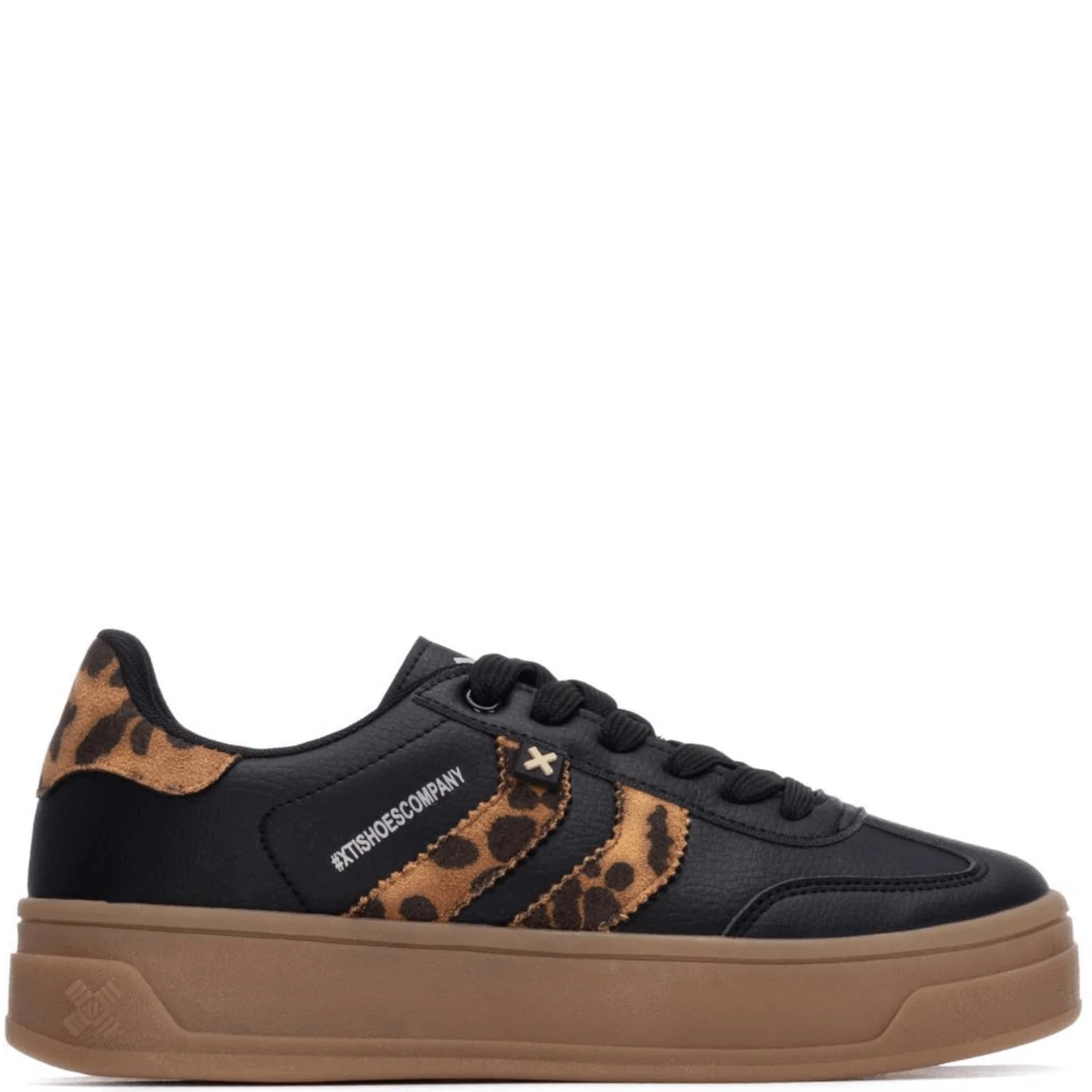XTI Black Leather & Leopard Elevated Sole Sneakers