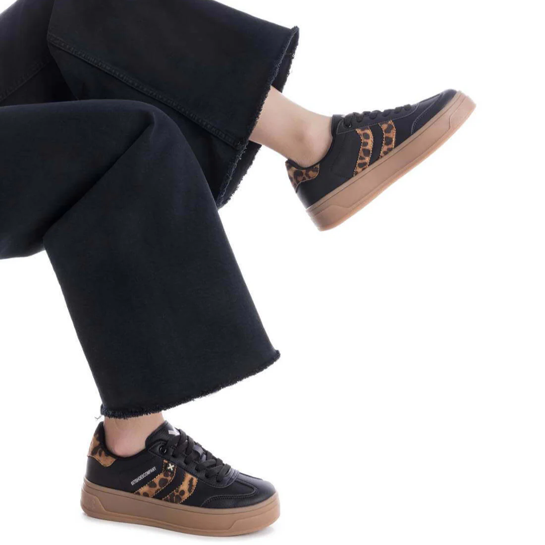 XTI Black Leather & Leopard Elevated Sole Sneakers - Image 3