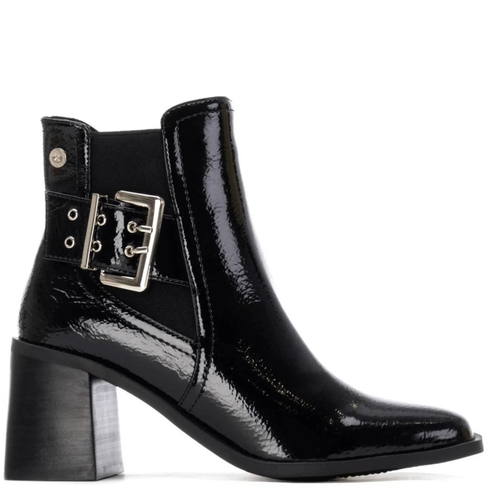 XTI Black Patent Block Heeled Almond Toe Boots