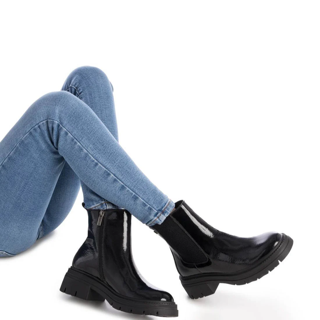 XTI Black Patent Chunky Flat Boots - Image 4