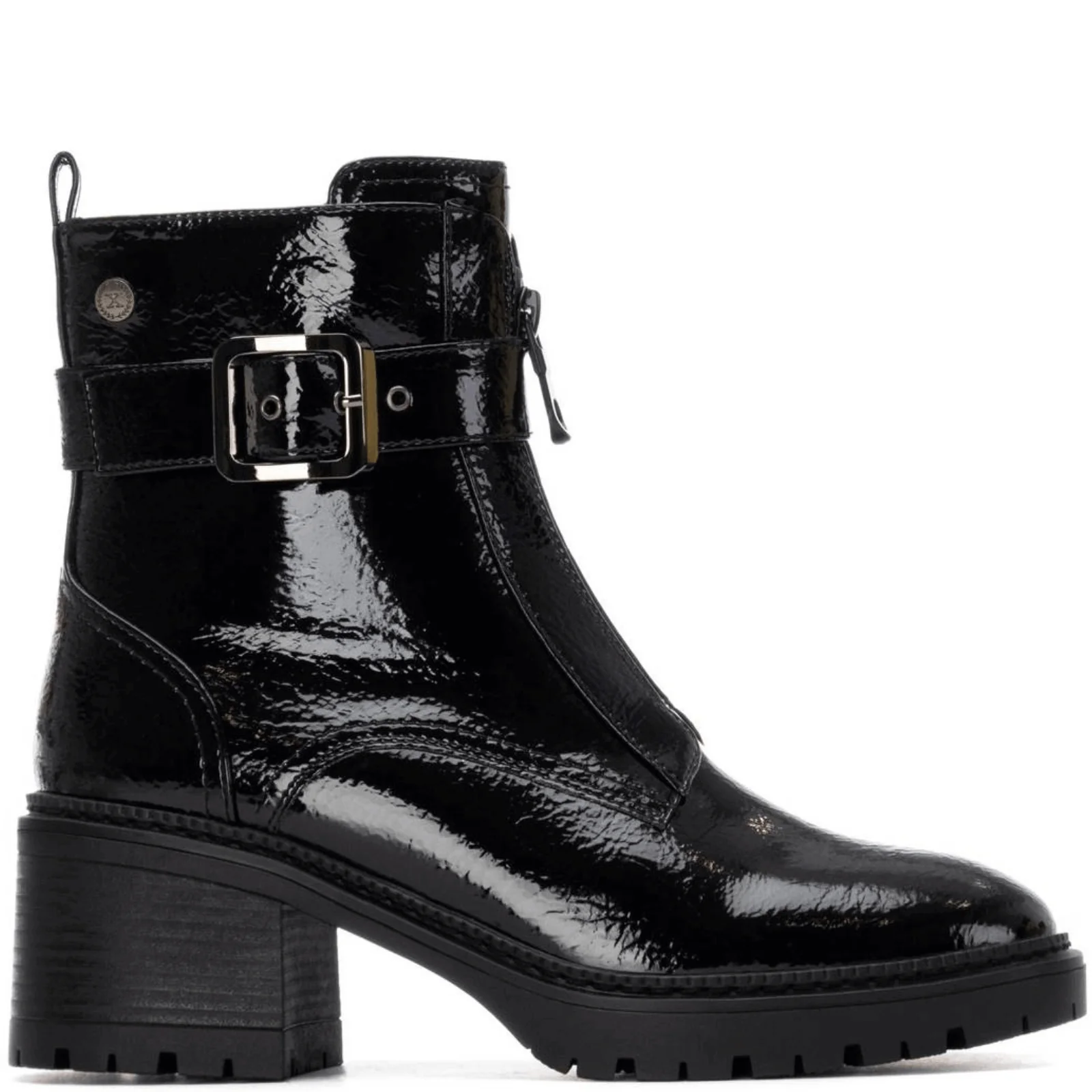 XTI Black Patent Front Zip Chunky Cleated Sole Boots