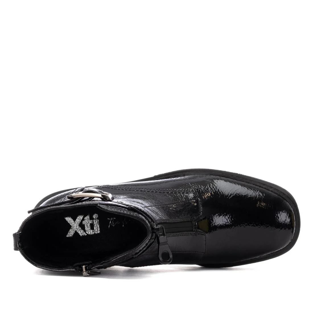 XTI Black Patent Front Zip Chunky Cleated Sole Boots - Image 2
