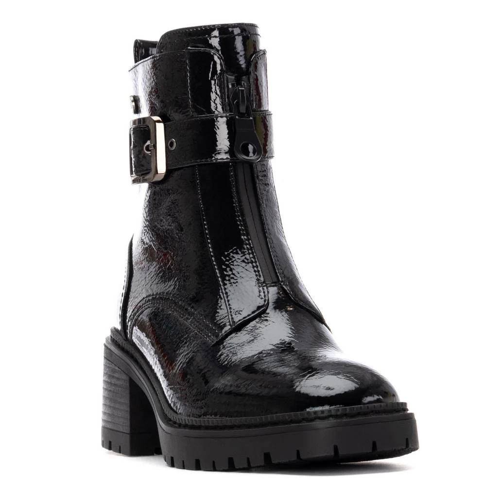 XTI Black Patent Front Zip Chunky Cleated Sole Boots - Image 3