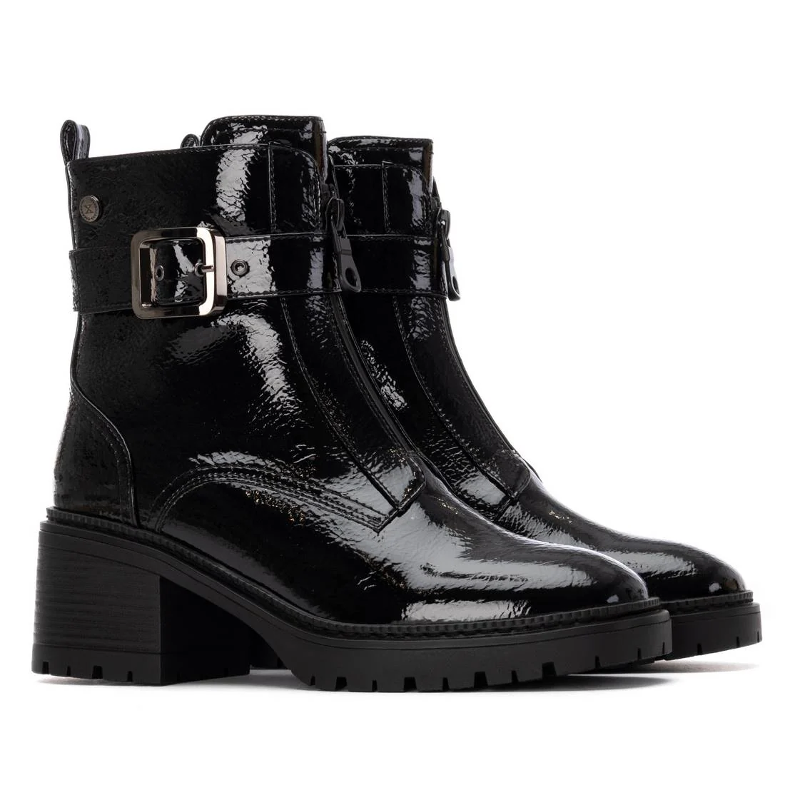 XTI Black Patent Front Zip Chunky Cleated Sole Boots - Image 5