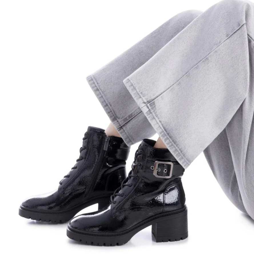 XTI Black Patent Front Zip Chunky Cleated Sole Boots - Image 6