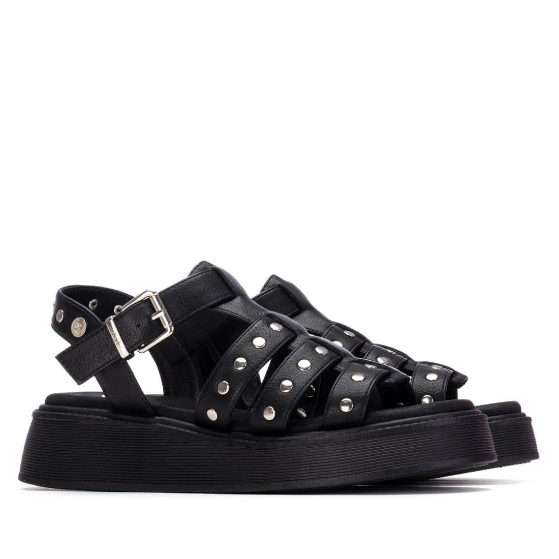 XTI Black Strappy Silver Studded Sandals - Image 4