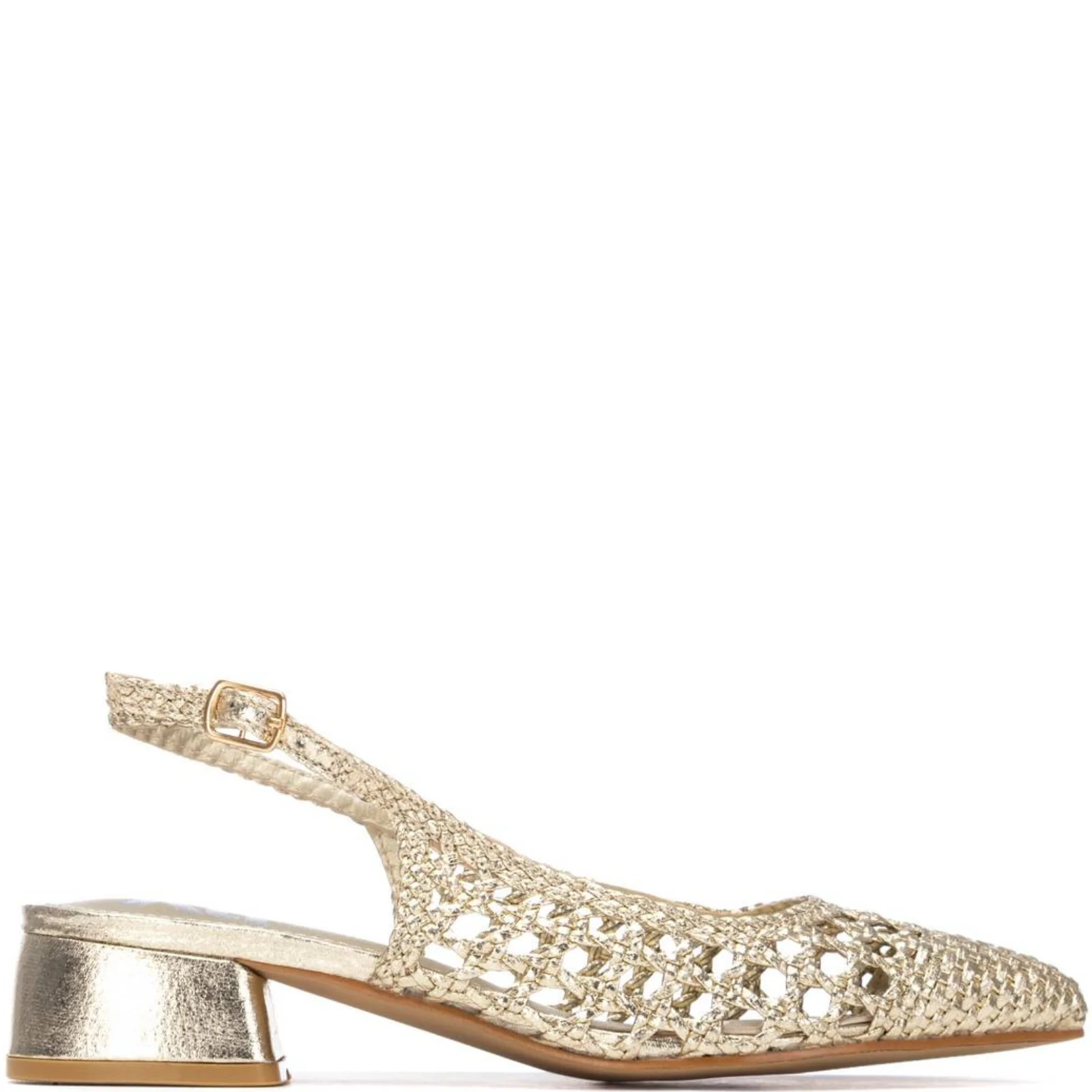 XTI Gold Woven Sling Back Block Heel Shoes