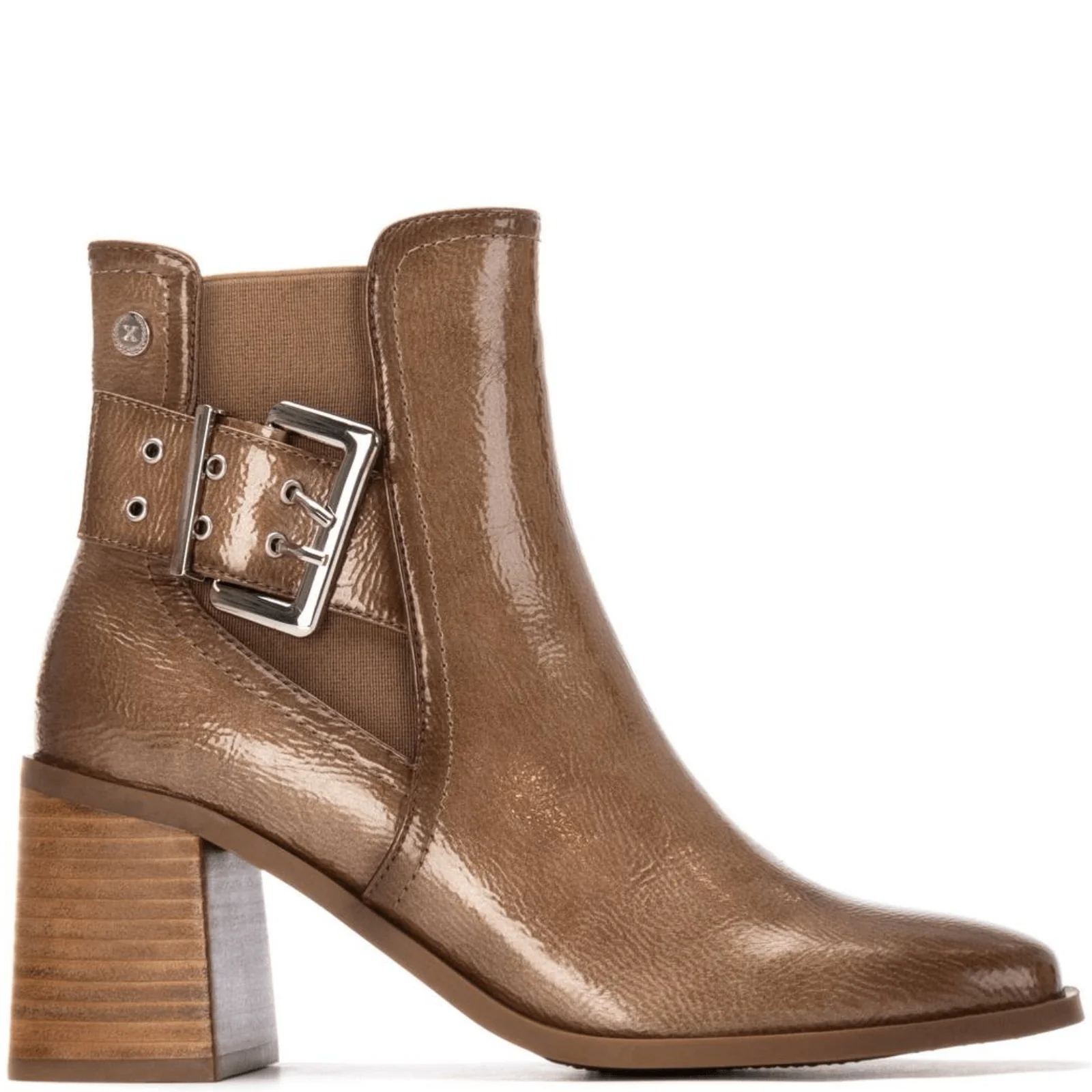 XTI Latte Patent Block Heeled Almond Toe Boots