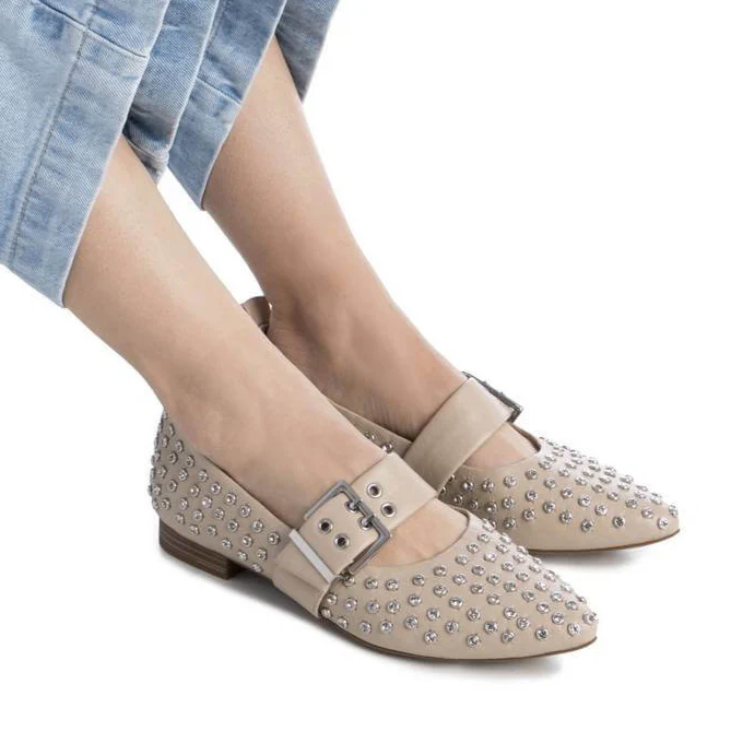 XTI Rhinestone Pointed Pumps - Beige - Image 6