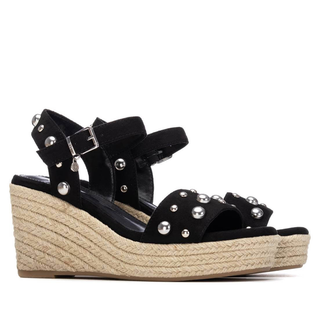 XTI Silver Studded Black Wedge Sandals - Image 4