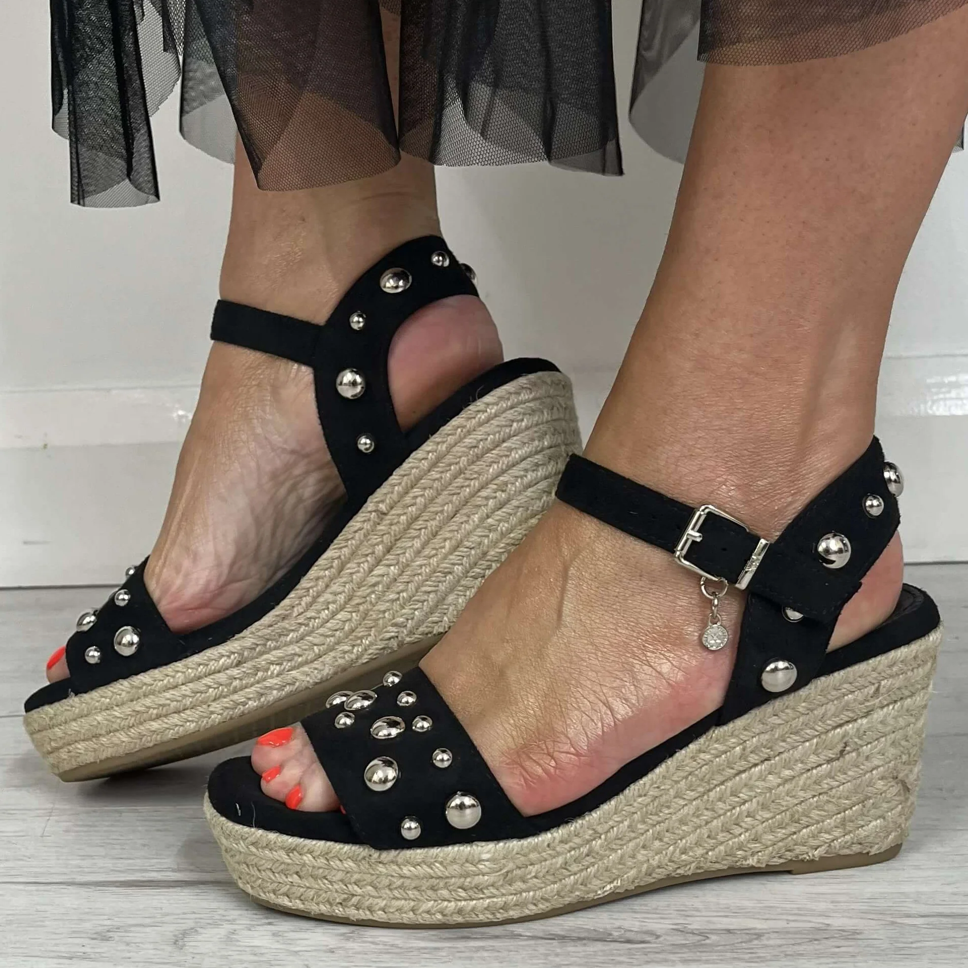XTI Silver Studded Black Wedge Sandals - Image 5