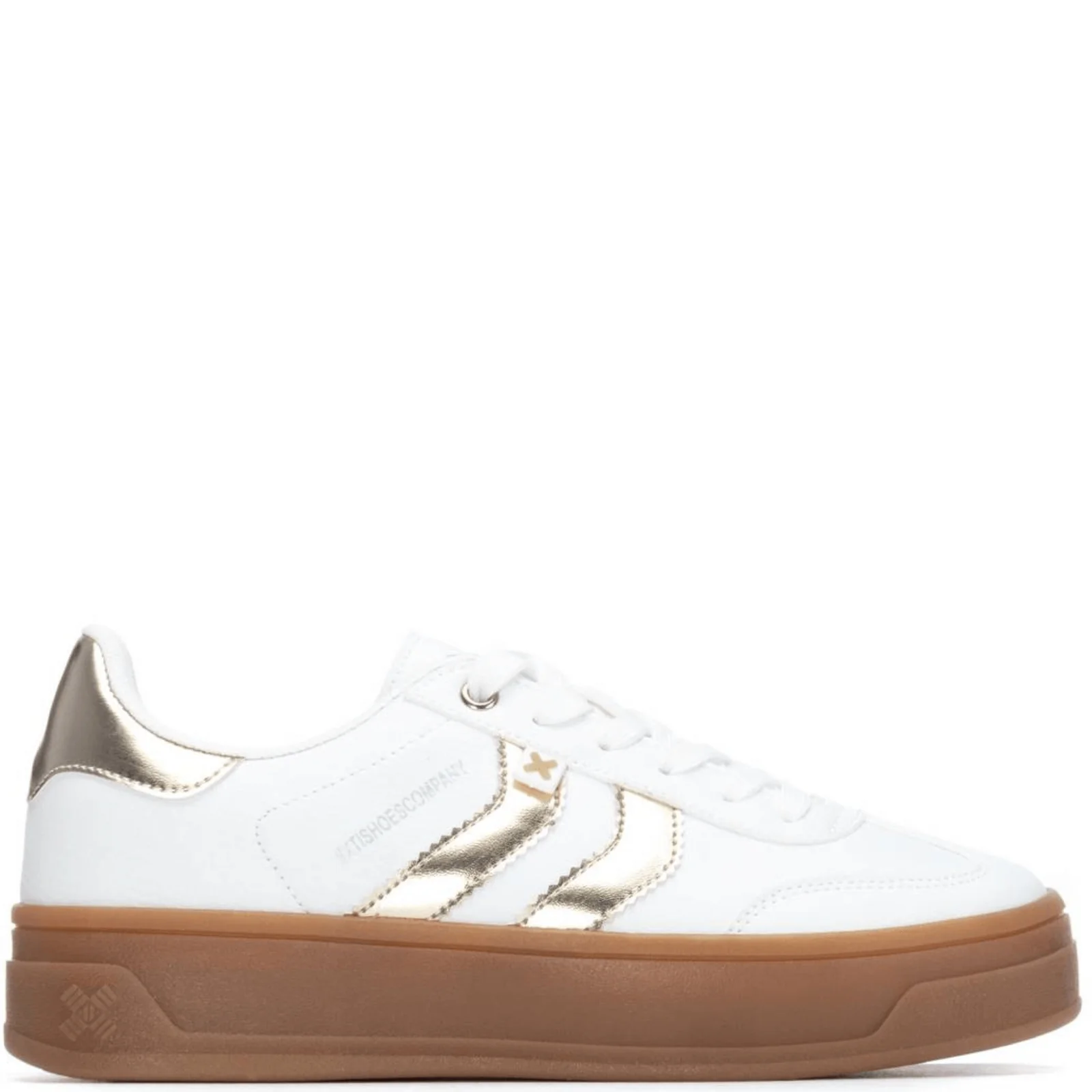 XTI White & Gold Leather Elevated Sole Sneakers