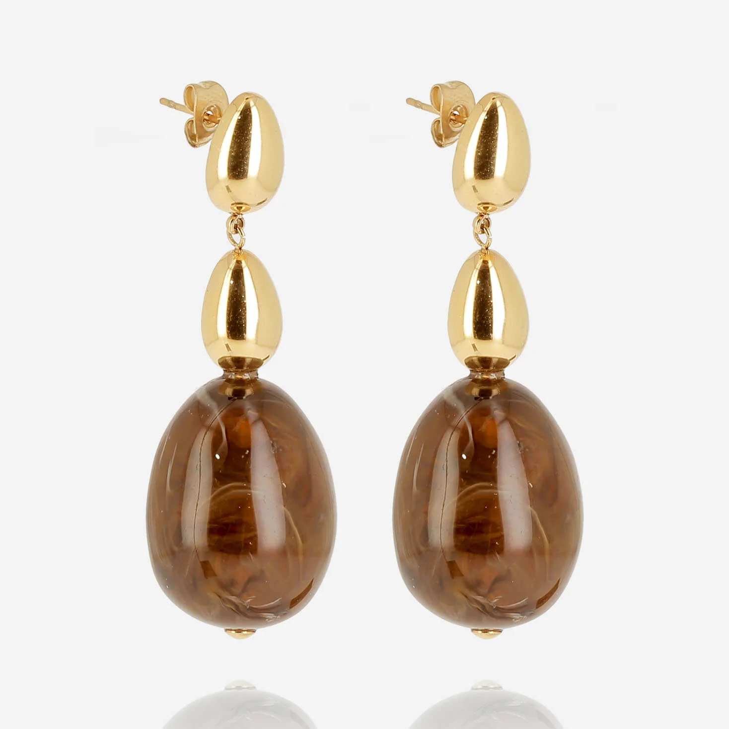 ZAG Gold Large Triple Bead Drop Earrings - Amber