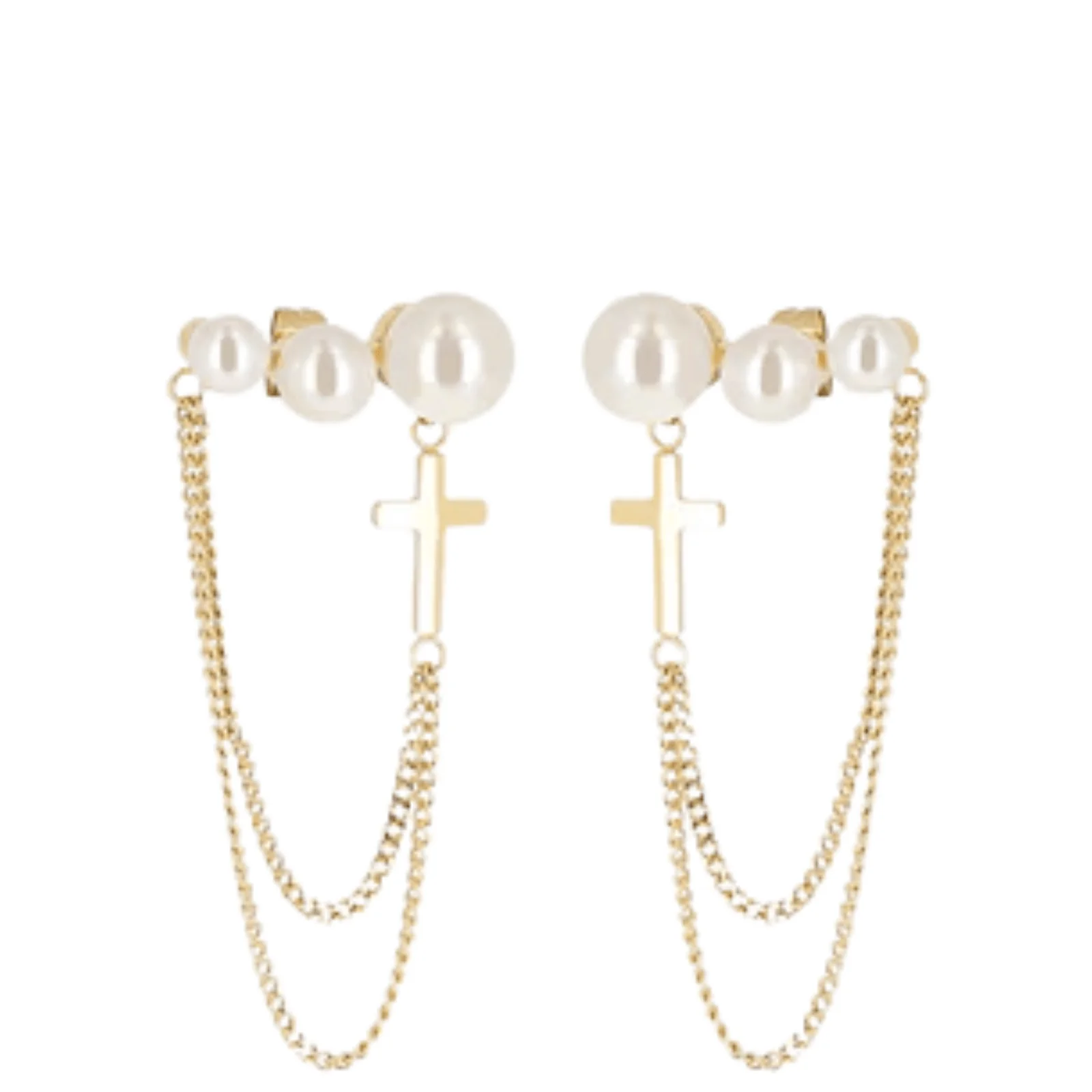 ZAG Gold Triple Pearl Stud Cross Chain Earrings