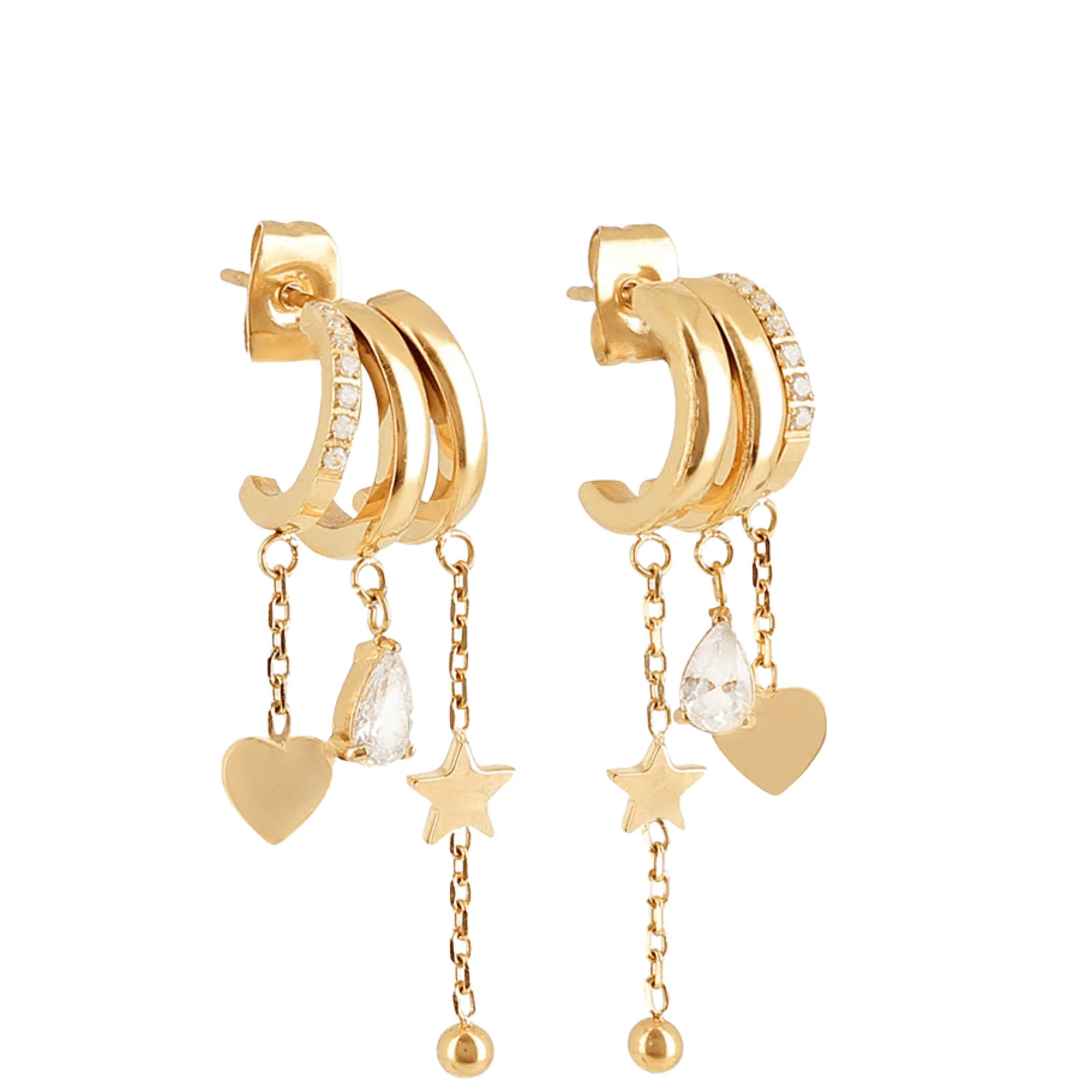 ZAG Gold Triple Stud Chain Drop Earrings
