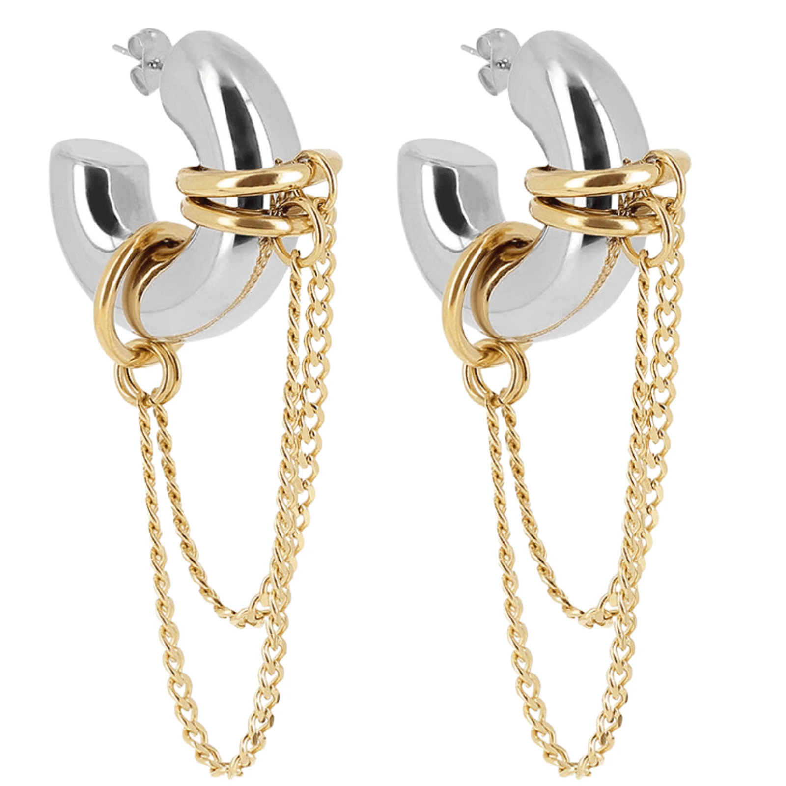 ZAG Silver Chubby Hoop Gold Dangle Chain Earrings