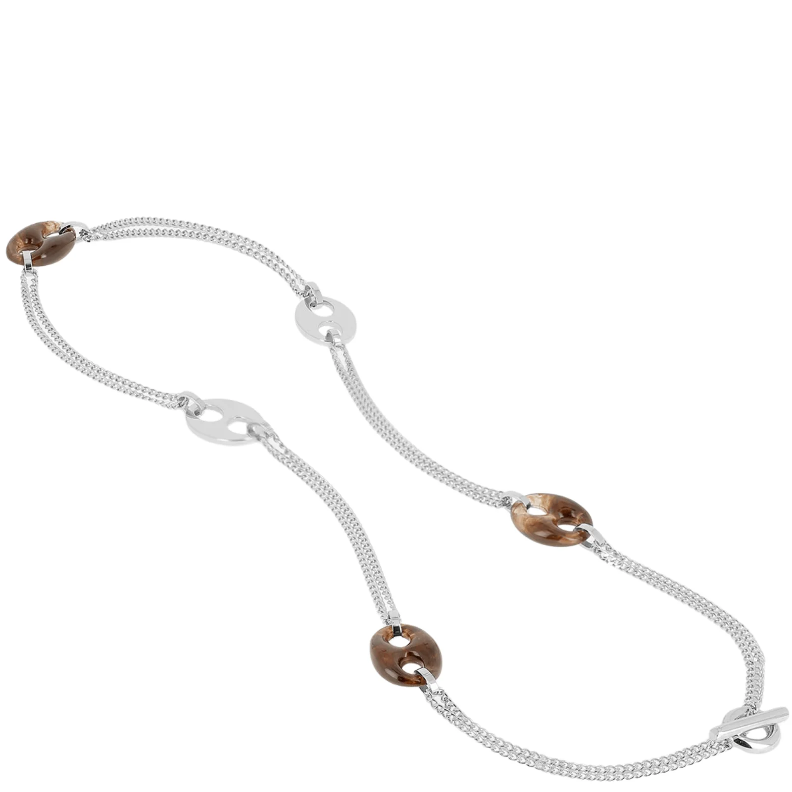 ZAG Silver Long Length Brown Oval Link Necklace